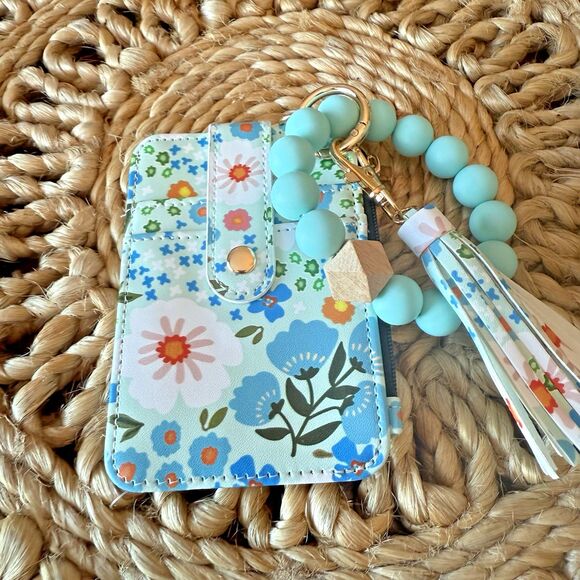 Floral Wristlet Wallet Keychain Set – ID Card Holder with Tassel & Beaded Bracel - Picture 1 of 3